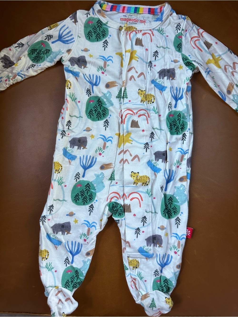 Magnetic Me White Safari Print Footed One-Piece with Green and Blue Accents